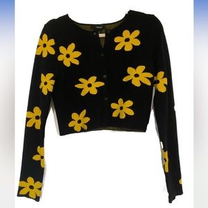 Forever 21 Small Black Cardigan Sweater with Yellow Flowers
